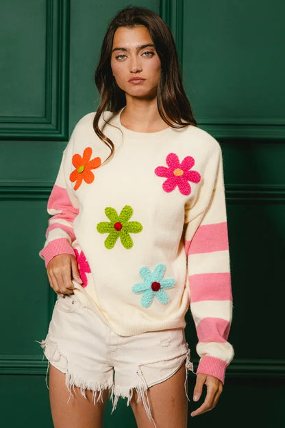 Colorful Floral Patched Sweater with Striped Sleeve at In Style Chics Boutique 