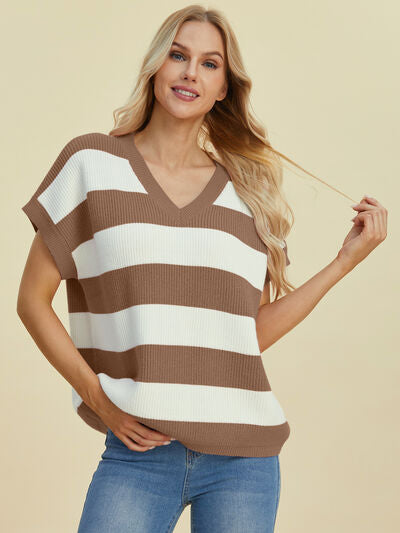 Women's Striped V-Neck Short Sleeve Sweater - In Style Chics Boutique Online Clothing 