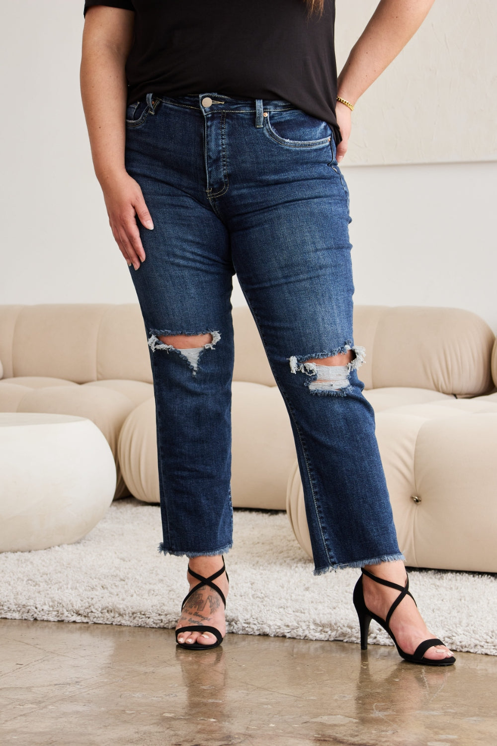 RFM Crop Dylan Full Size Tummy Control Distressed High Waist Raw Hem Jeans - In Style Chics Boutique LLC