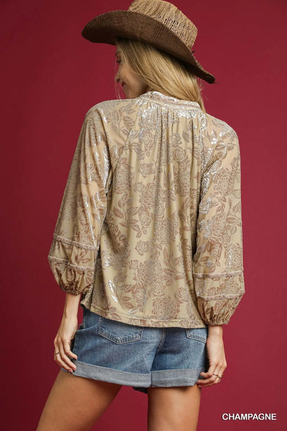 Floral Velvet Blouse with Balloon Sleeves at In Style Chics Boutique 