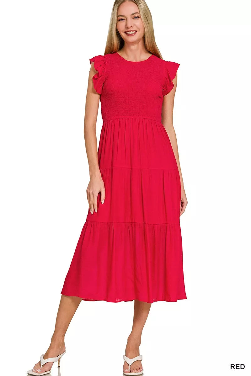 Zenana Woven Smocked Ruffle Sleeve Midi Dress ❤️