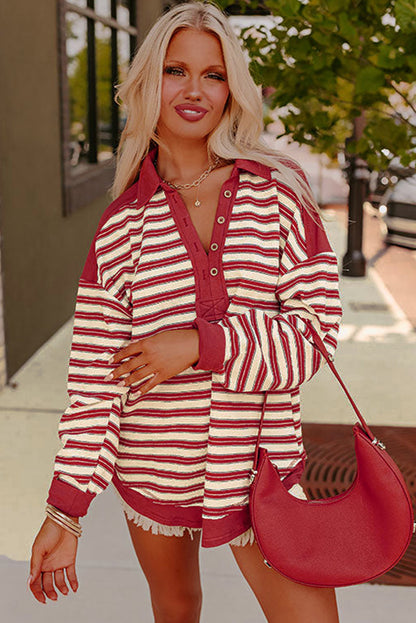 Stripe Collared V Neck Drop Shoulder Top