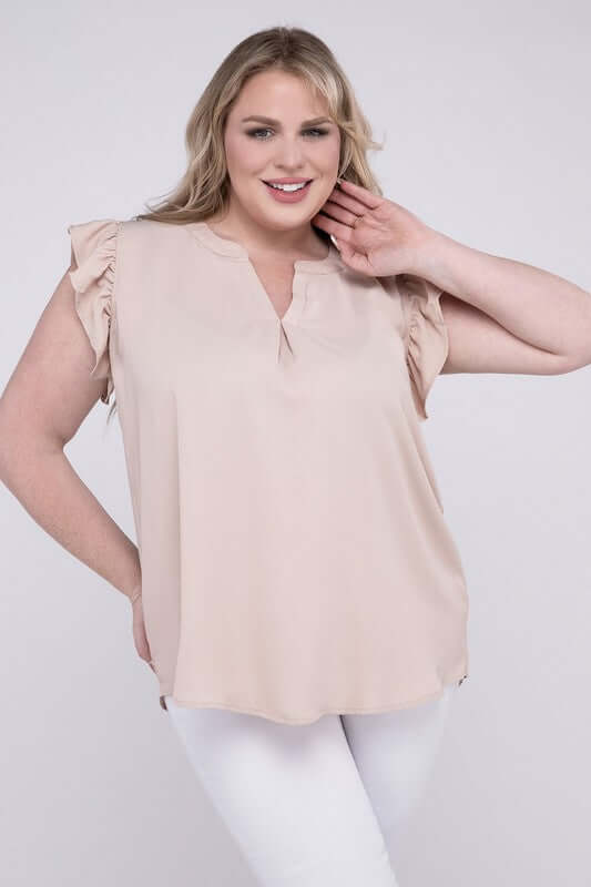 Plus Size High-Low Top, Woven Wool Ruffled Sleeve - In Style Chics Boutique 