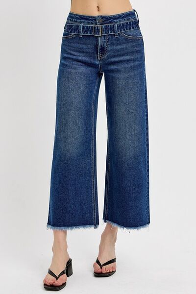 Women's Raw Hem Wide Leg Attached Buckle Jeans - In Style Chics Boutique Online Clothing 