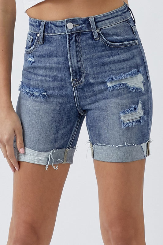 RISEN Full Size Distressed Rolled Denim Shorts with Pockets - In Style Chics Boutique LLC