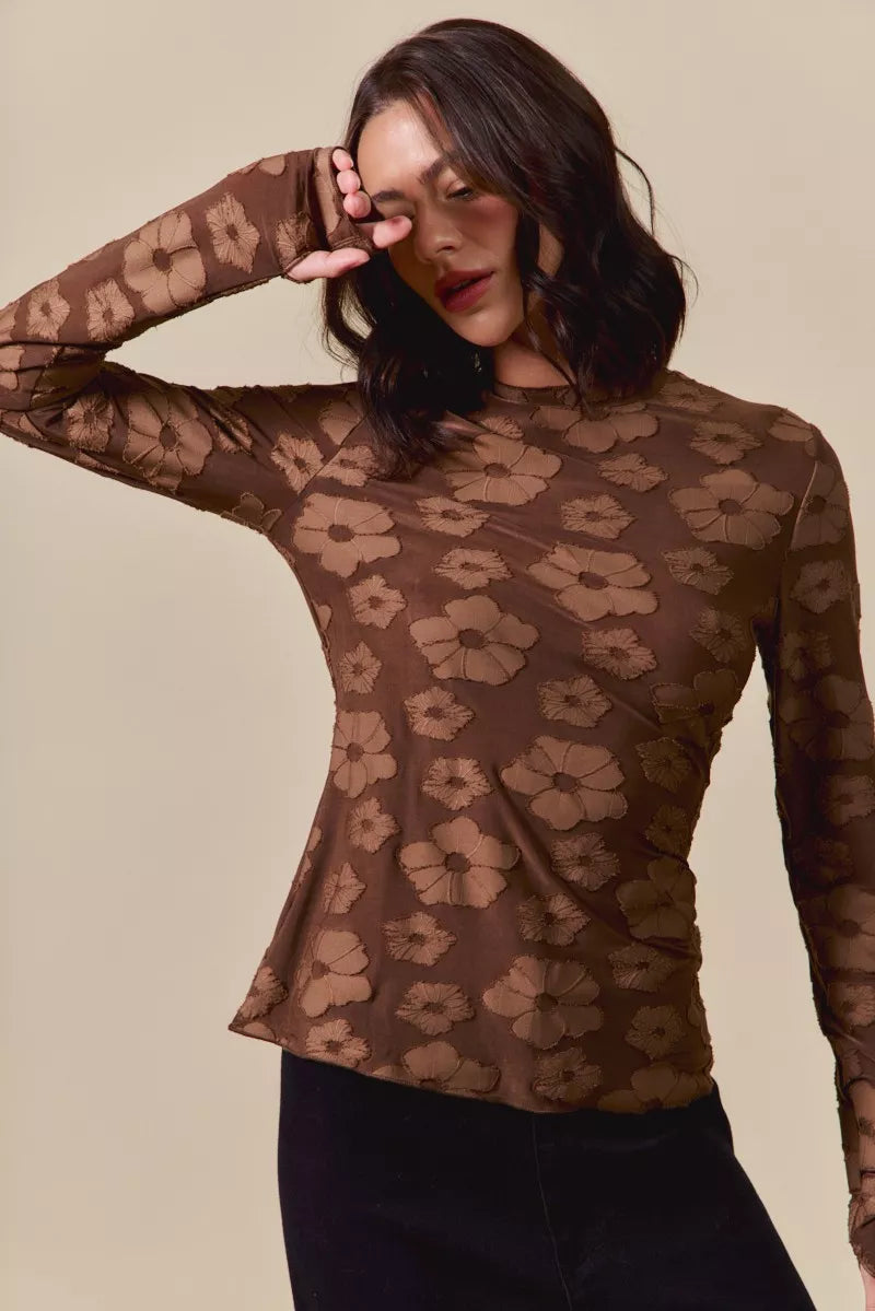 Stretched Jacquard Casual Brown Top  with Thumb Opening 🤎 at In Style Chics Boutique 