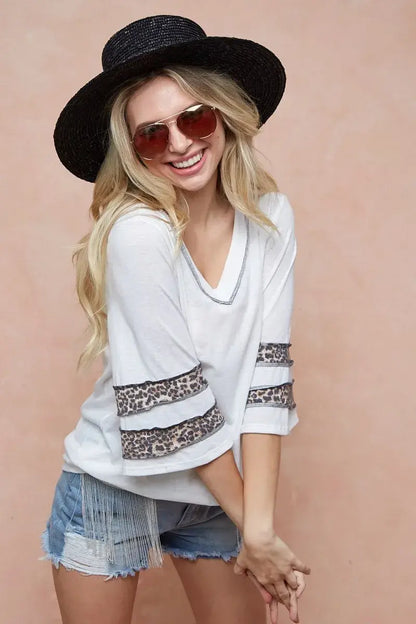 Triblend Knit Top with Leopard Band Detail - Ship from USA - In Style Chics Boutique Women's Juniors Apparel Online