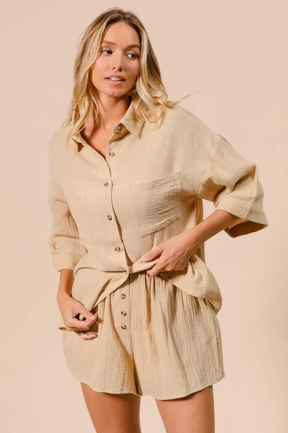 Crinkle Gauze Shirt and Short Set For Women - In Style Chics Boutique Women's Juniors Cute Clothes Online
