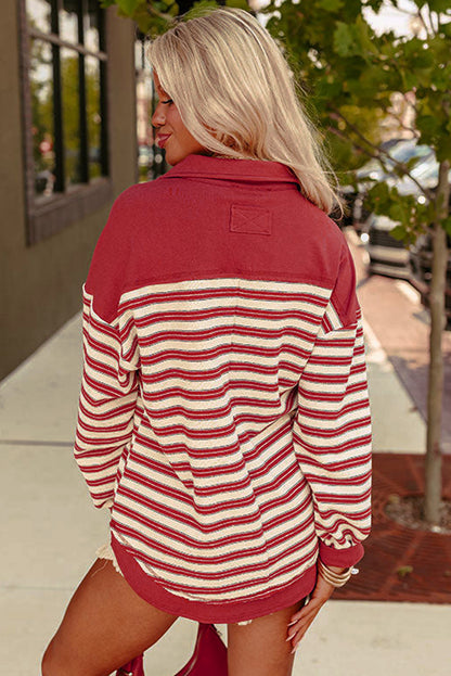 Stripe Collared V Neck Drop Shoulder Top