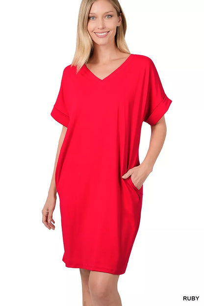 Zenana Brushed DTY Rolled Short Sleeve V-Neck Dress