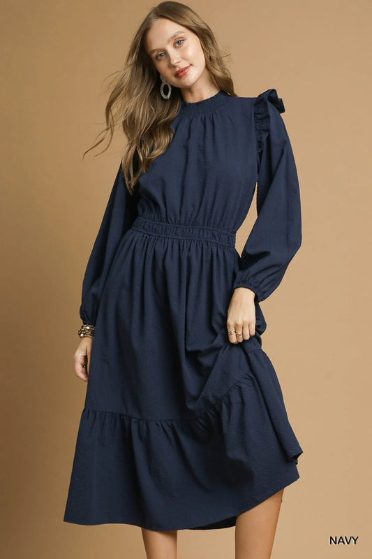 Textured Midi Dress with Ruffle Shoulder Detail at In Style Chics Boutique 