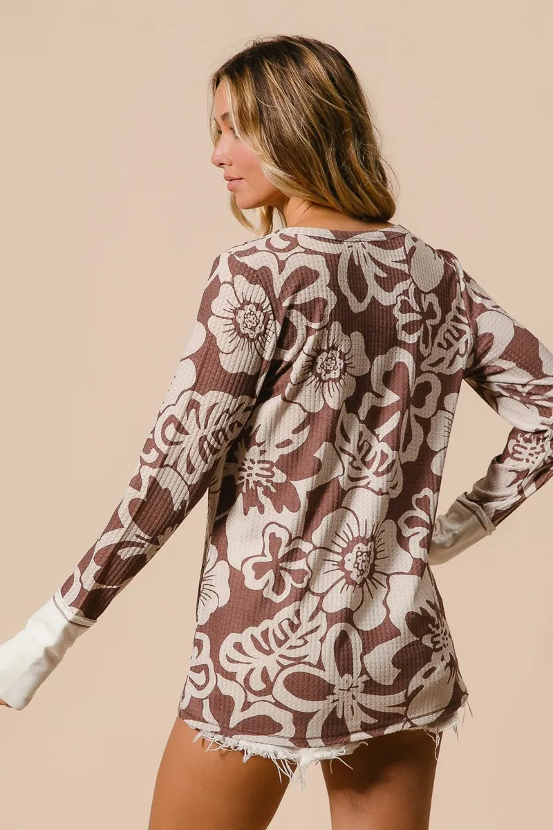 Flower Printed Waffle Thumb Opening Top at In Style Chics Boutique 