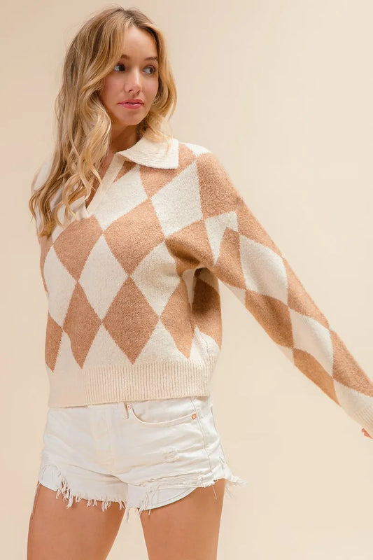Diamond Pattern Collared Notch Neck Sweater at In Style Chics Boutique 