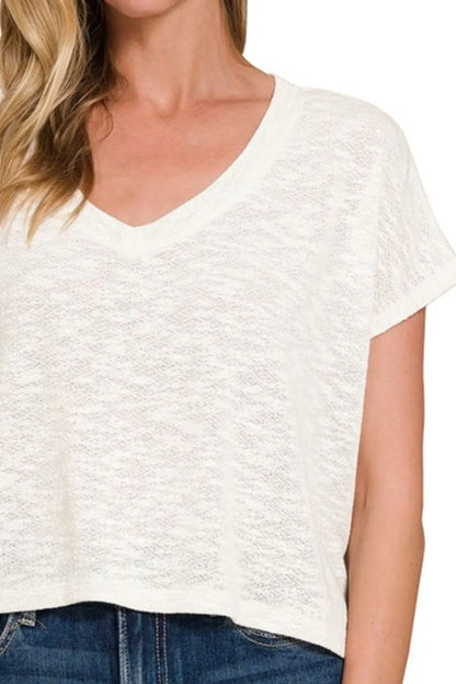 Crop Top, Hacci Slub V-neck Drop Shoulder  - In Style Chics Boutique 
