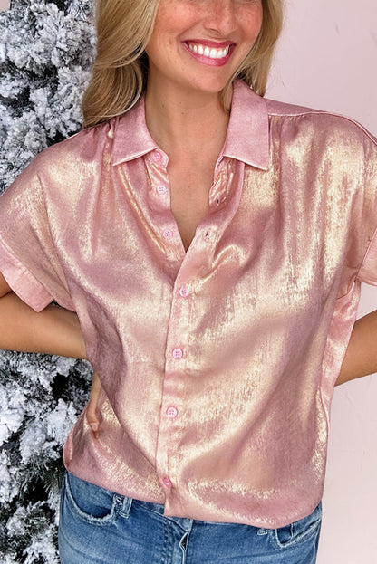 Delicacy Metallic Buttoned Loose Fit Short Sleeve Shirt - In Style Chics Boutique Online Clothing Women's Juniors Free Shipping 