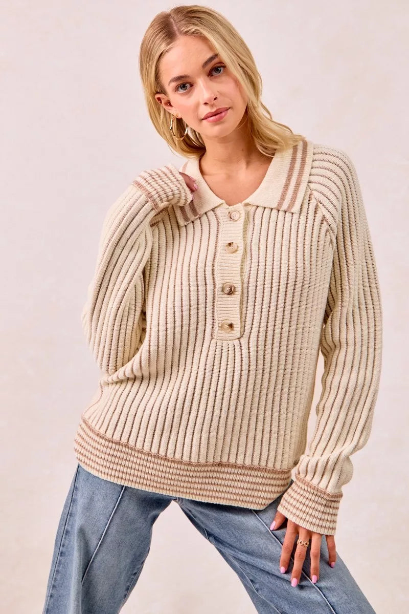 Half Button Ribbed Two Tone Sweater at In Style Chics Boutique 