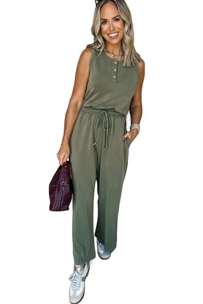 Vineyard Green Buttoned Drawstring Waist Sleeveless Wide Leg Jumpsuit - Cute Clothes Online - In Style Chics Boutique Women's Juniors 