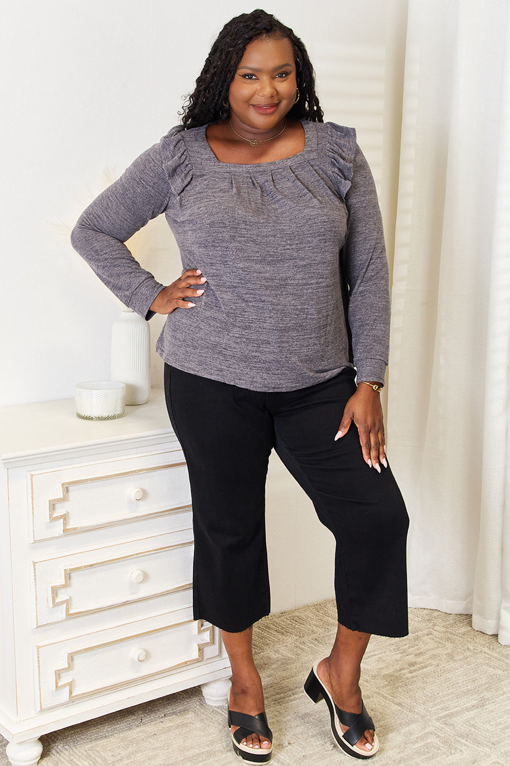 Square Neck Ruffle Shoulder Long Sleeve T-Shirt Shop Deals at In Style Chics Boutique 