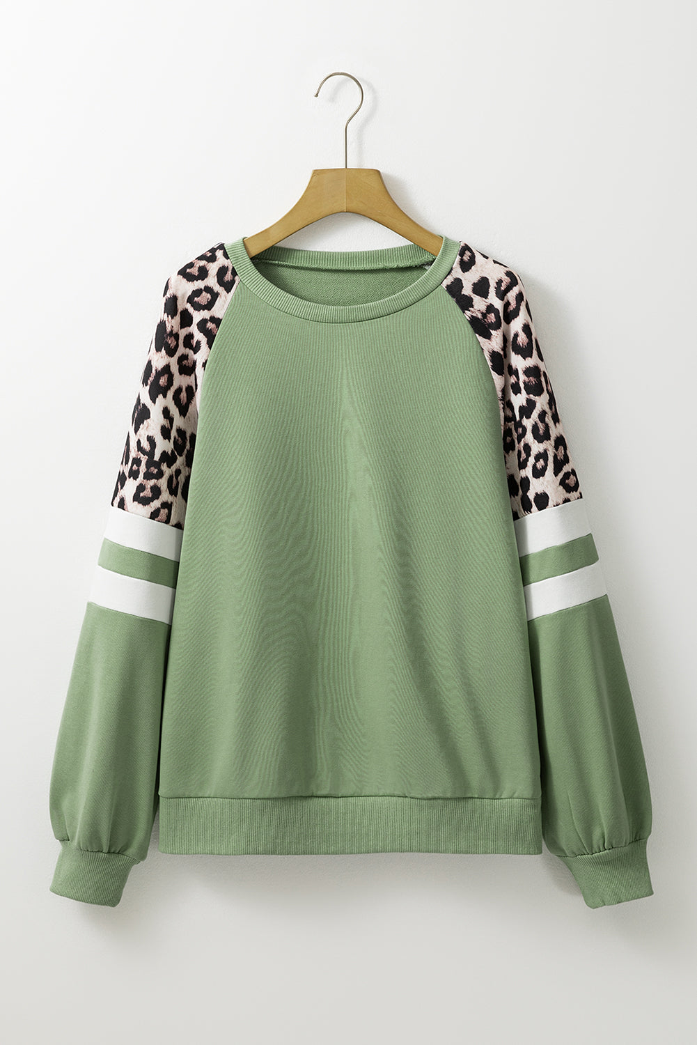 Grass Green Leopard Print Patchwork Raglan Sleeve Sweatshirt