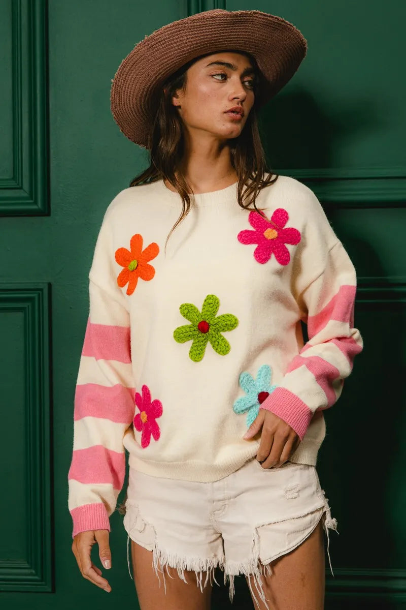 Colorful Floral Patched Sweater with Striped Sleeve at In Style Chics Boutique 