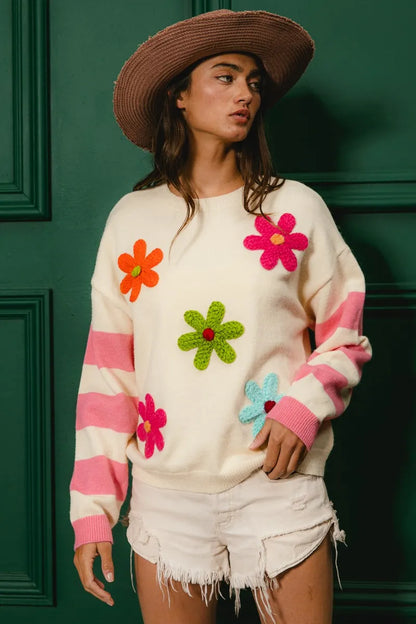 Colorful Floral Patched Sweater with Striped Sleeve at In Style Chics Boutique 
