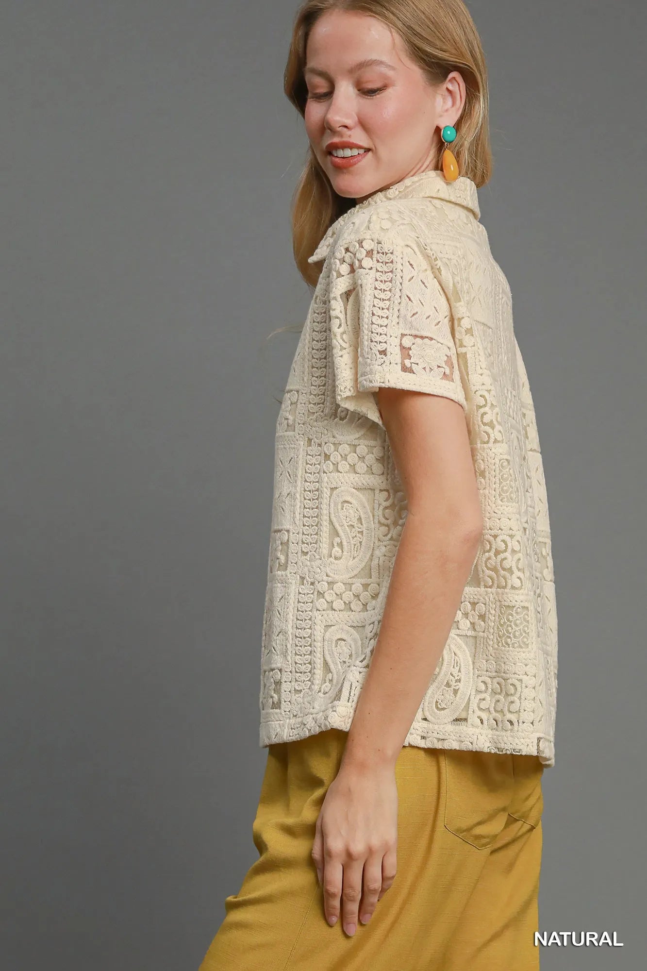 Short Sleeve Button Down Shirt Patch Lace at In Style Chics Boutique 