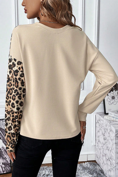 Pale Khaki Casual Waffle Knit Leopard Contrast Long Sleeve Top - In Style Chics Boutique LLC