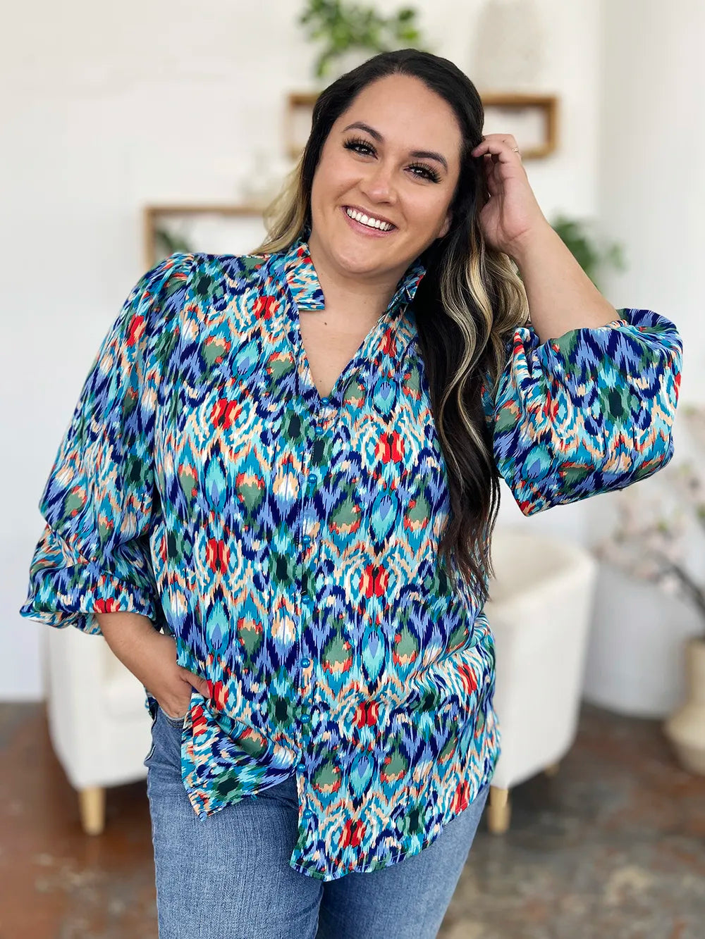 Printed Balloon Sleeve Blouse 💙 Shop Deals at In Style Chics Boutique 