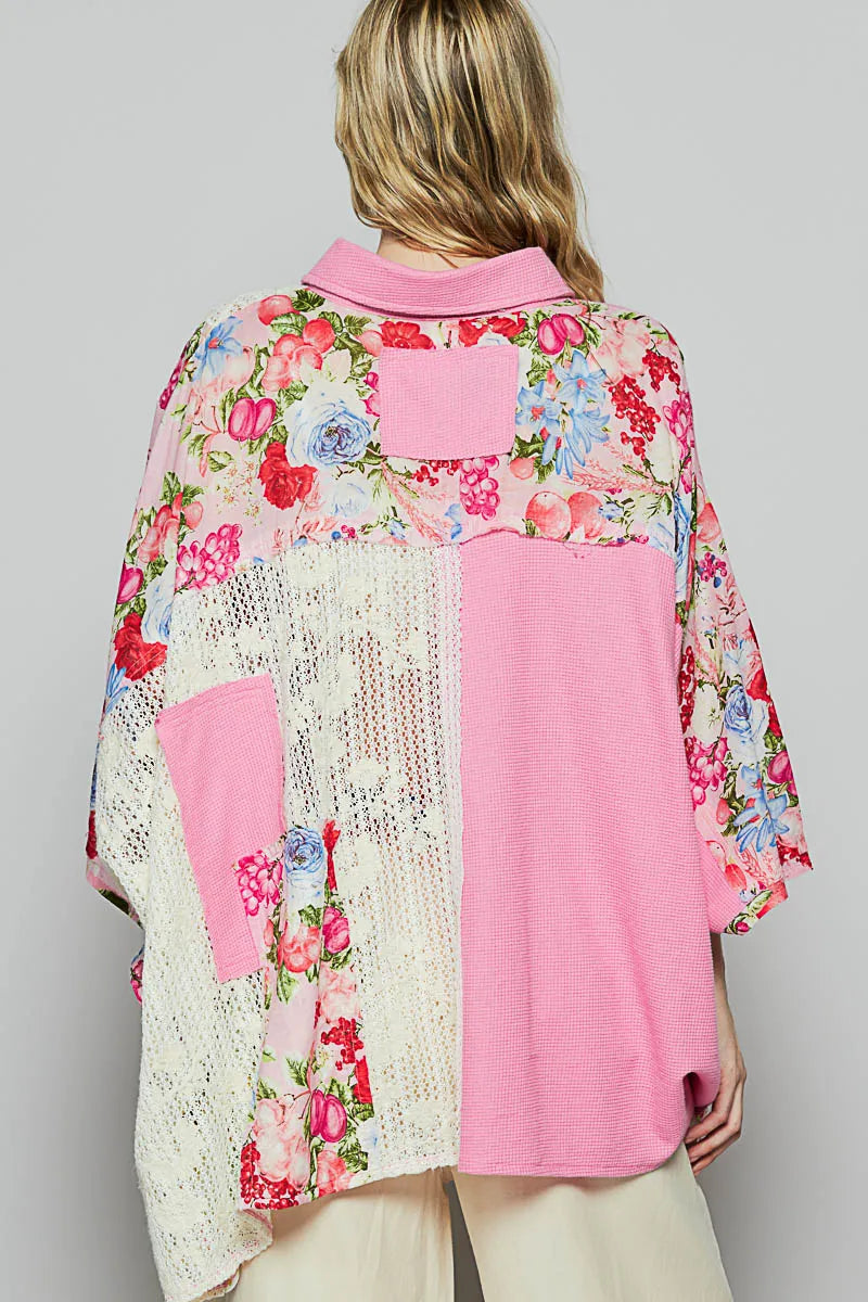 Thermal and Crochet Lace Mix Shirt with Floral Pattern at In Style Chics Boutique 
