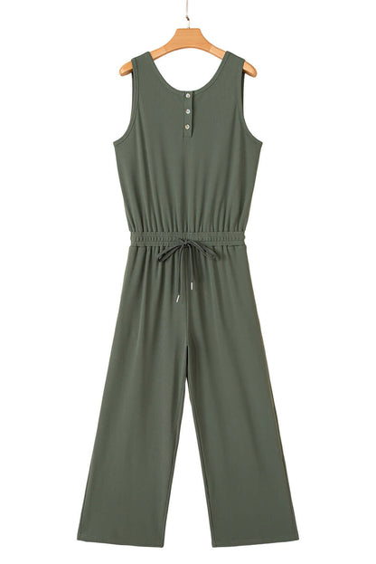 Vineyard Green Buttoned Drawstring Waist Sleeveless Wide Leg Jumpsuit - Cute Clothes Online - In Style Chics Boutique Women's Juniors 