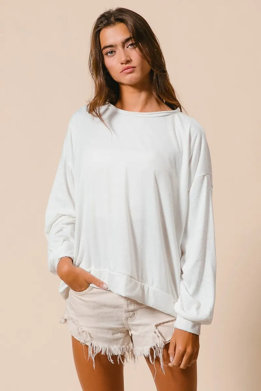 Shop  Womens Loop Terry Oversized Pullover with Raw Edge Hem in Ivory at In Style Chics Boutique 🤍