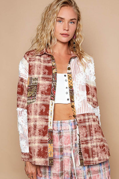 POL Crochet Plaid Patchwork Button Up Shirt - In Style Chics Boutique LLC