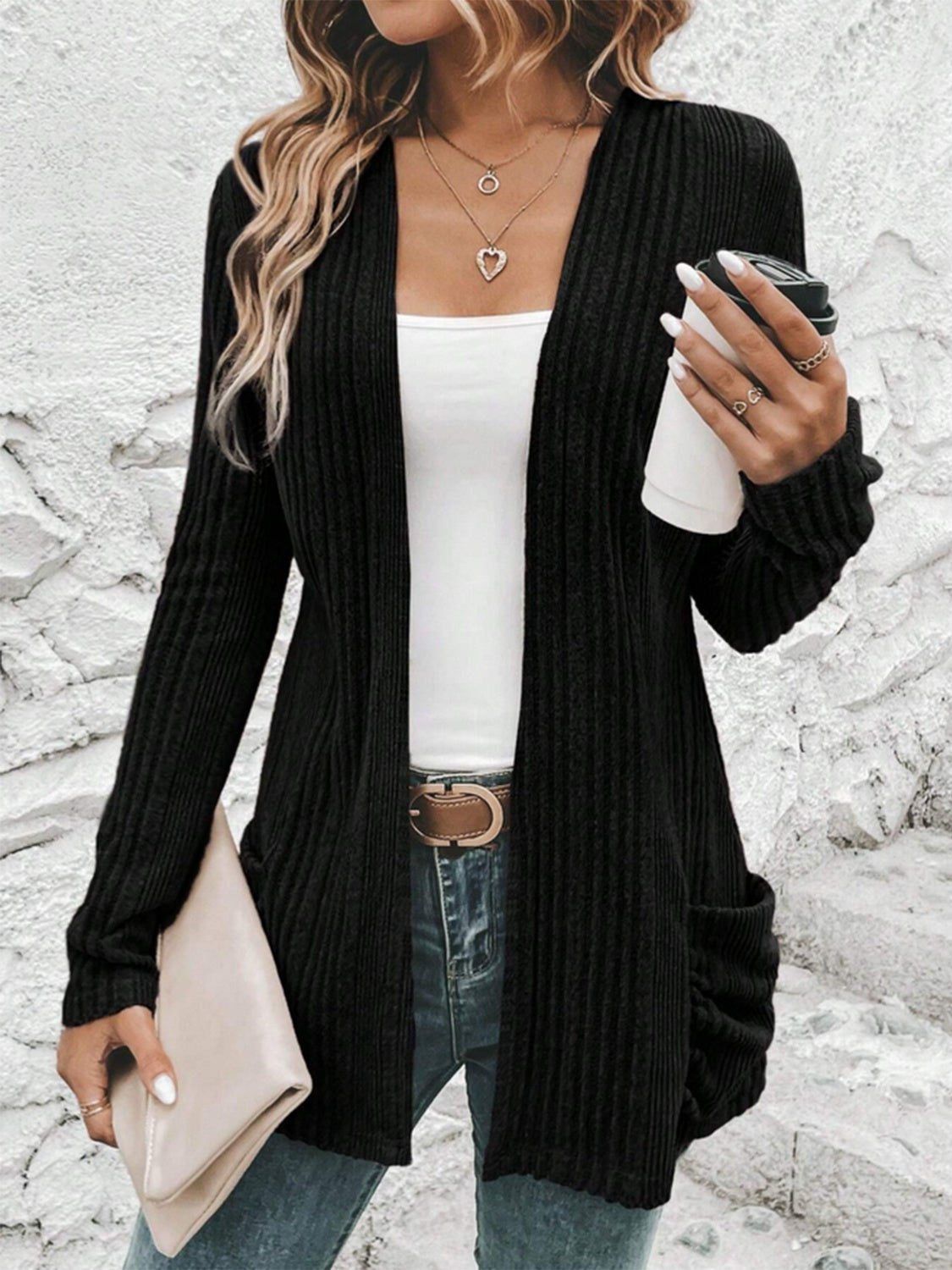 Pocketed Open Front Long Sleeve Cardigan - In Style Chics Boutique LLC