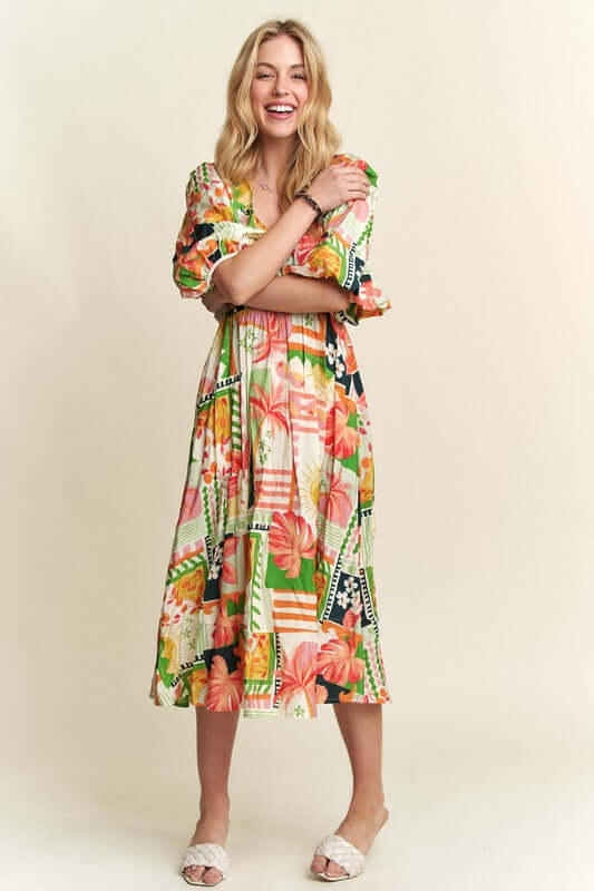 ADORA Floral V-Neck Puff Sleeve Midi Dress - In Style Chics Boutique LLC