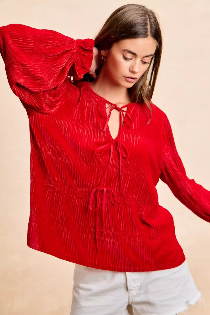 BiBi Christmas Velvet Bow Tied  Red Top With Neck Drop
