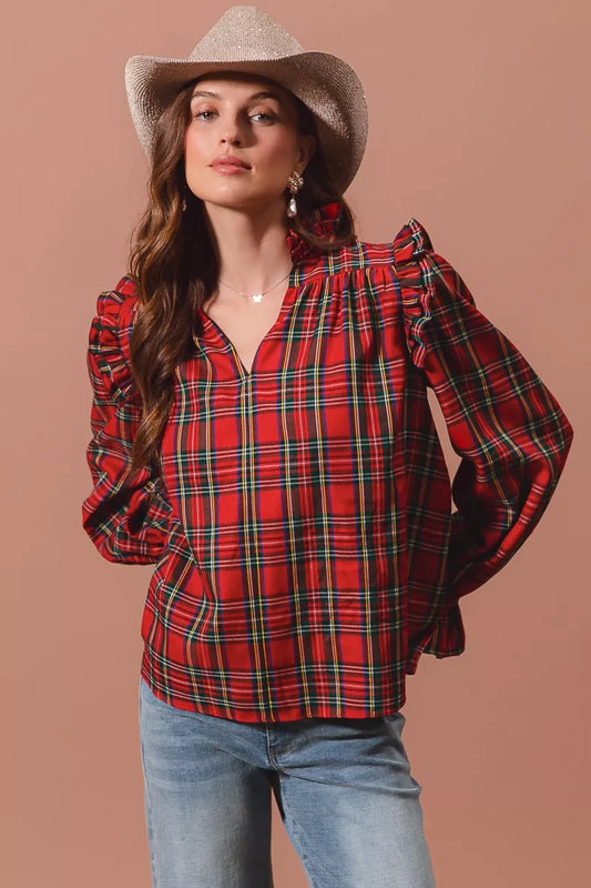 Christmas Checkered Plaid Smocked ♥️ Blouse at In Style Chics Boutique 
