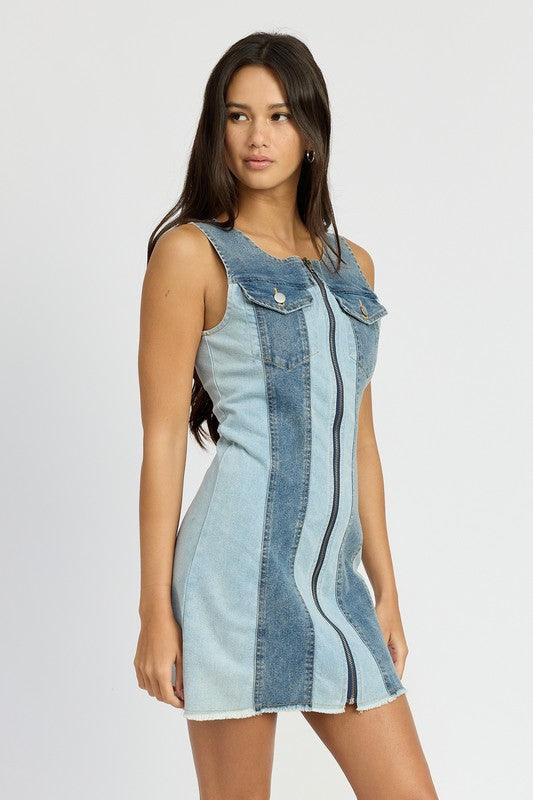 Color Block Denim Mini Dress - In Style Chics Boutique LLC