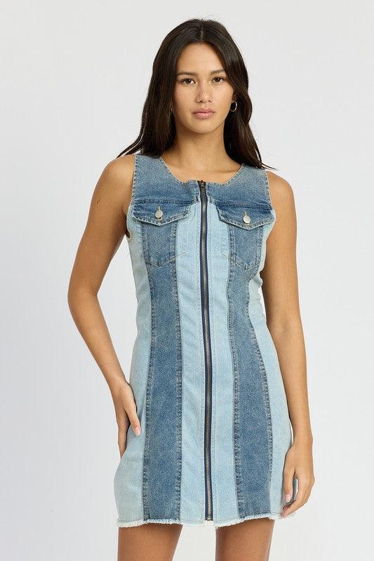 Color Block Denim Mini Dress - In Style Chics Boutique LLC