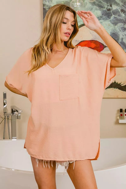 Woven V Neck Hi-low Boxy Top With Front Pocket at In Style Chics Boutique 
