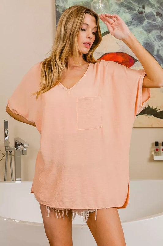 Woven V Neck Hi-low Boxy Top With Front Pocket at In Style Chics Boutique 