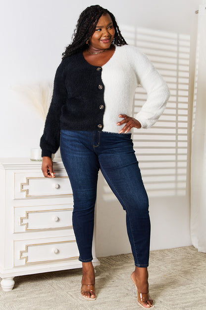Black and White 🤍 V-Neck Cardigan, Contrast Button-Front  at In Style Chics Boutique 