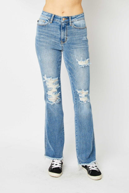 Judy Blue Full Size Distressed Raw Hem Bootcut Jeans - In Style Chics Boutique LLC