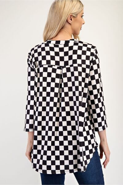 Curved Hem Checkered Notched Blouse - In Style Chics Boutique 