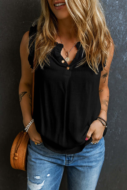 Button Split Neck Frill Trim Sleeveless Shirt - Cute Clothes Online - In Style Chics Boutique Women's Juniors Apparel 