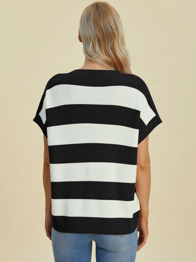 Women's Striped V-Neck Short Sleeve Sweater - In Style Chics Boutique Online Clothing 