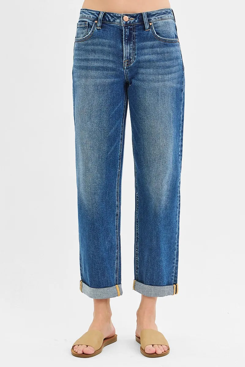 RISEN Mid Rise Boyfriend Roll Up Jeans - In Style Chics Boutique 