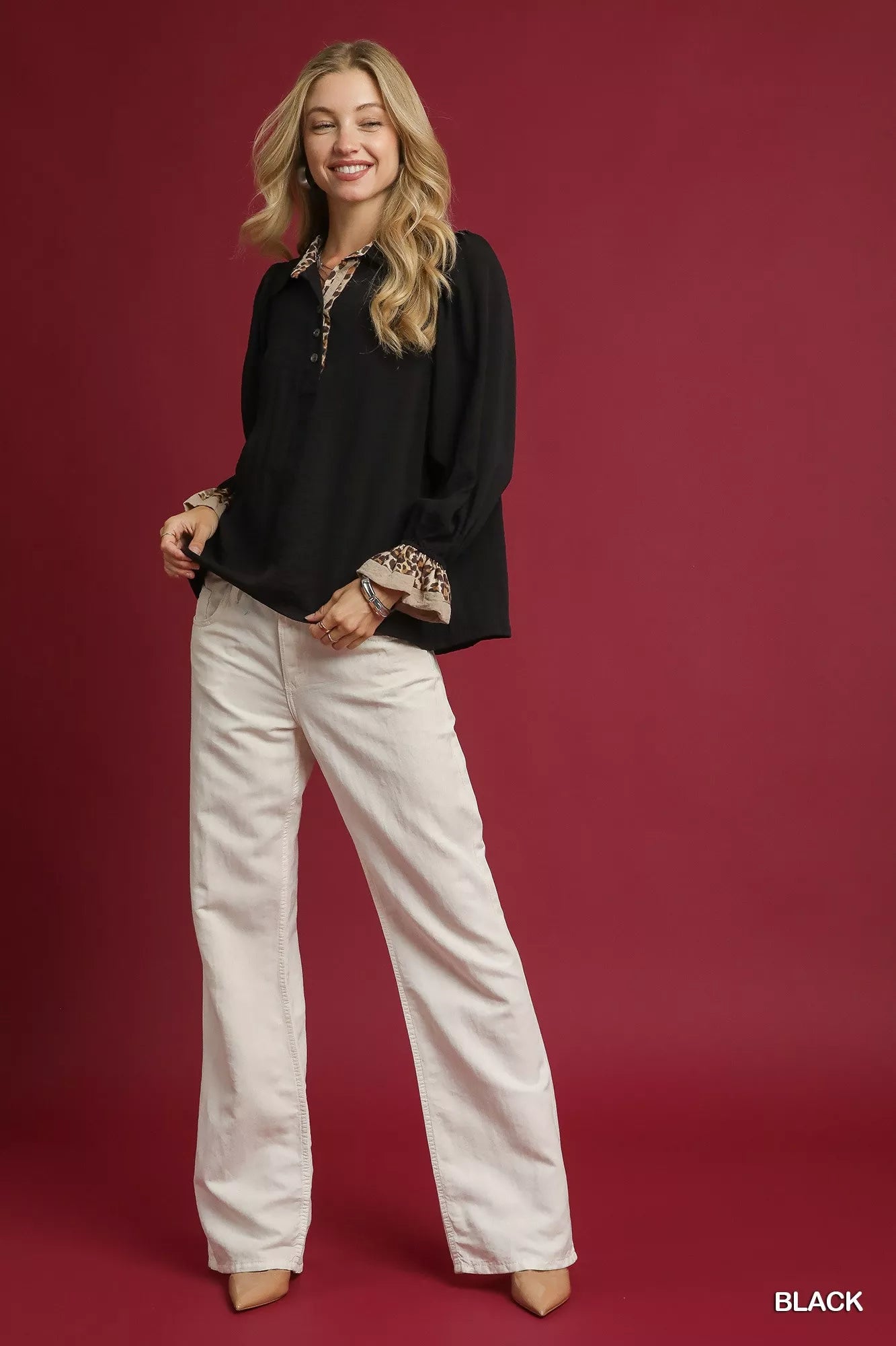 Half Button Blouse with Leopard Print Trim at In Style Chics Boutique 