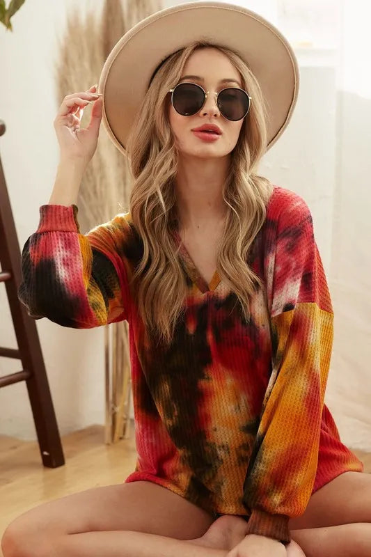 BiBi Tie Dye Brushed Waffle Top With Bubble Sleeves