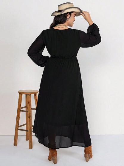 Plus-Size Embroidered Tie Neck Long Sleeve Dress - In Style Chics Boutique LLC