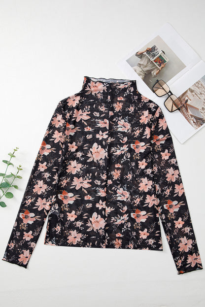 Black Floral Long Sleeve Slim Fit Mesh Top - In Style Chics Boutique LLC